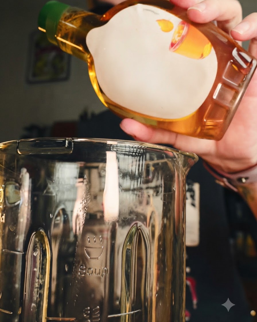 Agavendicksaft wird aus einer Flasche in den Mixbecher gegossen.