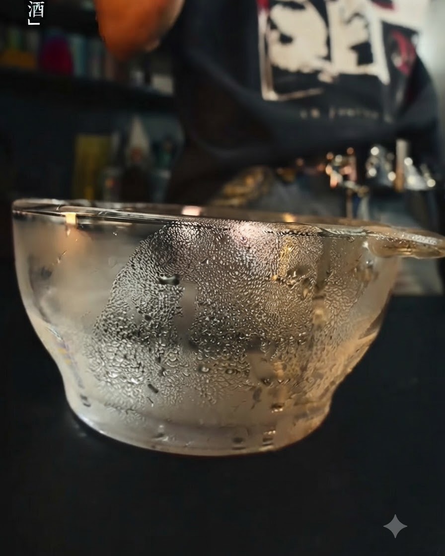 Eine Glasschüssel, bedeckt mit Wassertropfen, spiegelt den Zubereitungsprozess des Weichmachens von Gelatineblättern wider.