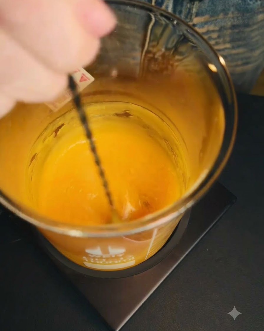 Ein langstieliger Löffel rührt glattes, oranges Mangopüree in einem klaren Glasmessbecher auf einer Heizfläche um.