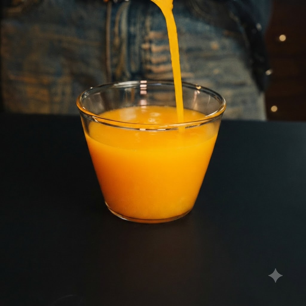 Leuchtend orange Flüssigkeit wird aus der Höhe in ein transparentes Trinkglas gegossen und füllt es fast bis zum Rand.