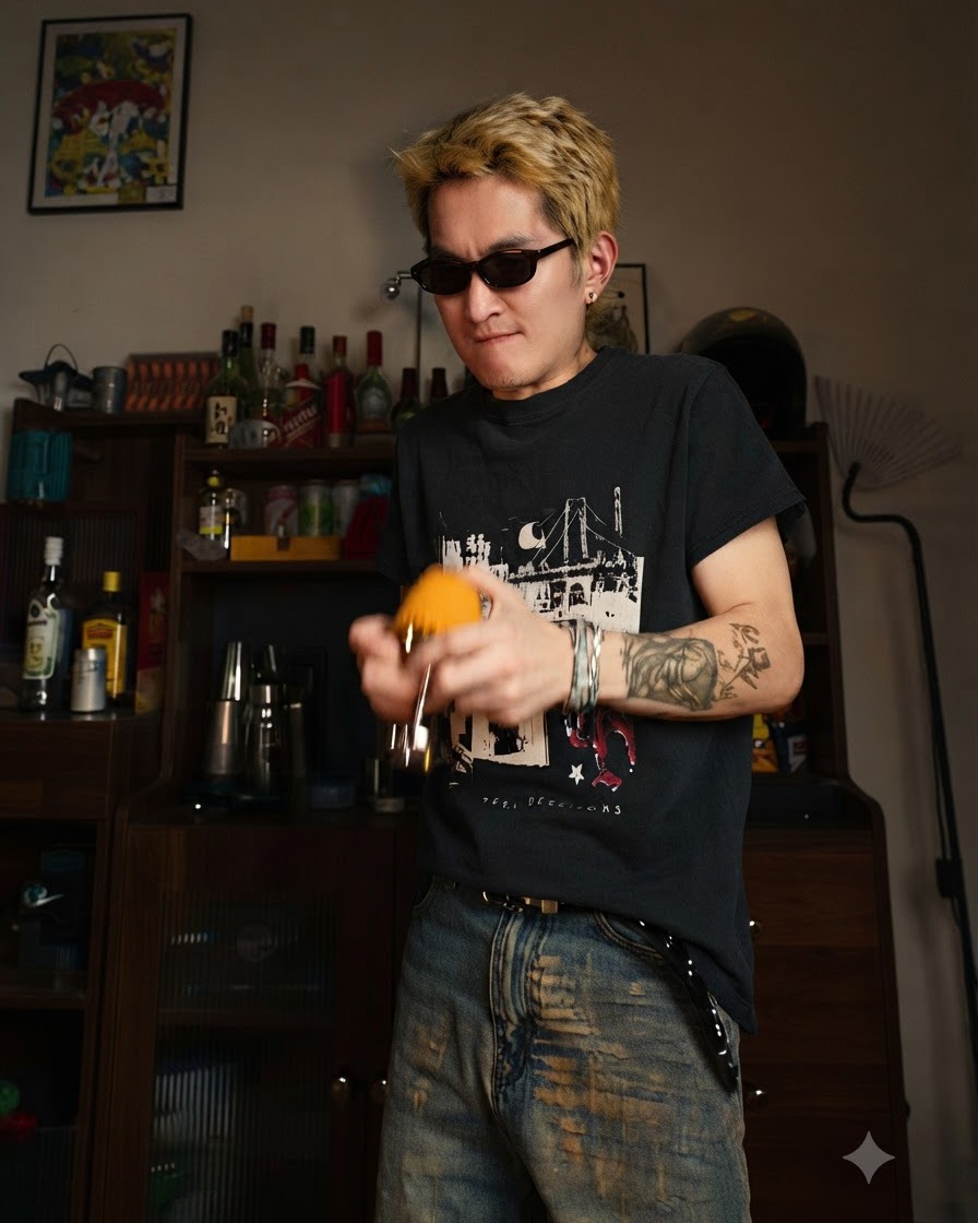 Eine Person mit blondem Haar und Sonnenbrille, die ein dunkles T-Shirt mit Print trägt, handhabt vorsichtig ein umgedrehtes Glas, um das feste gelbe Jelly zu lösen.