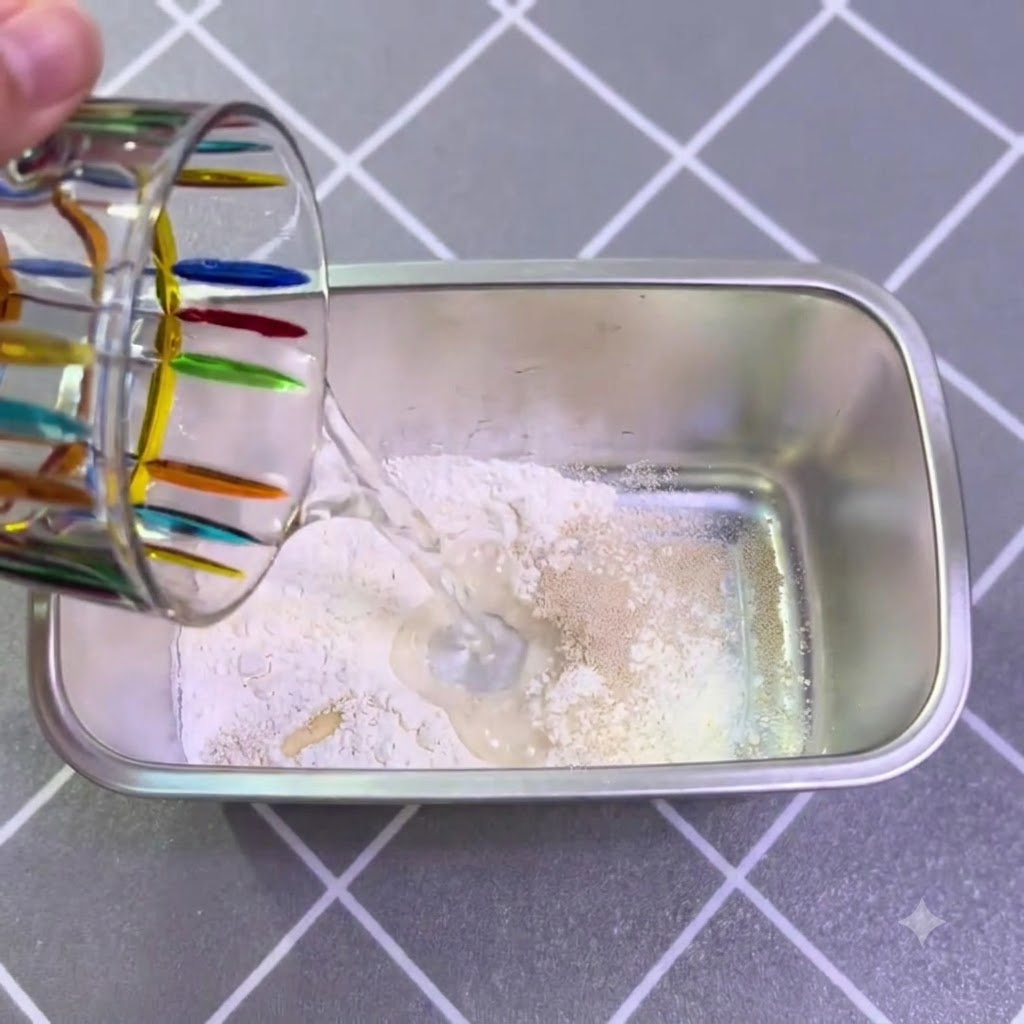 Zutaten für den Poolish werden in einem kleinen Behälter zusammengefügt und verrührt.