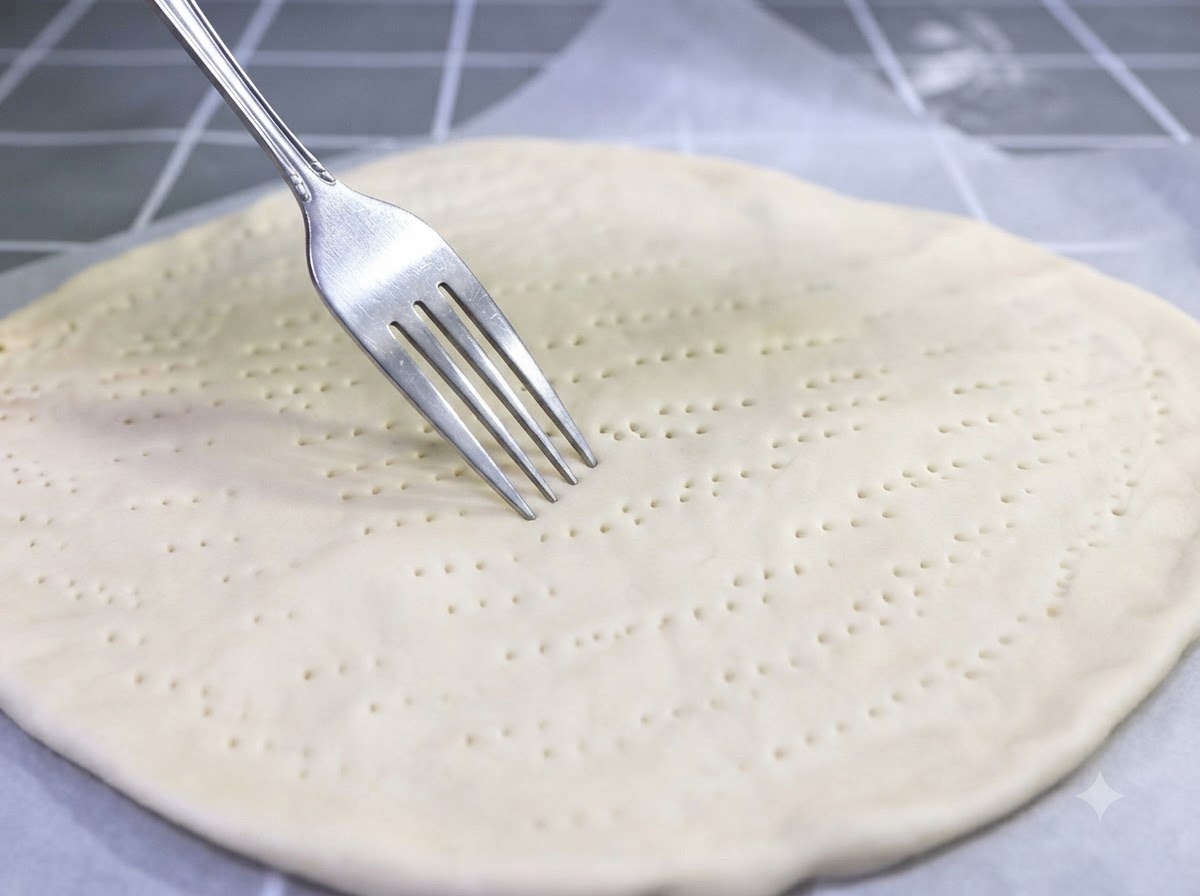 Eine Gabel sticht Löcher in die Mitte des geformten Pizzateigs.
