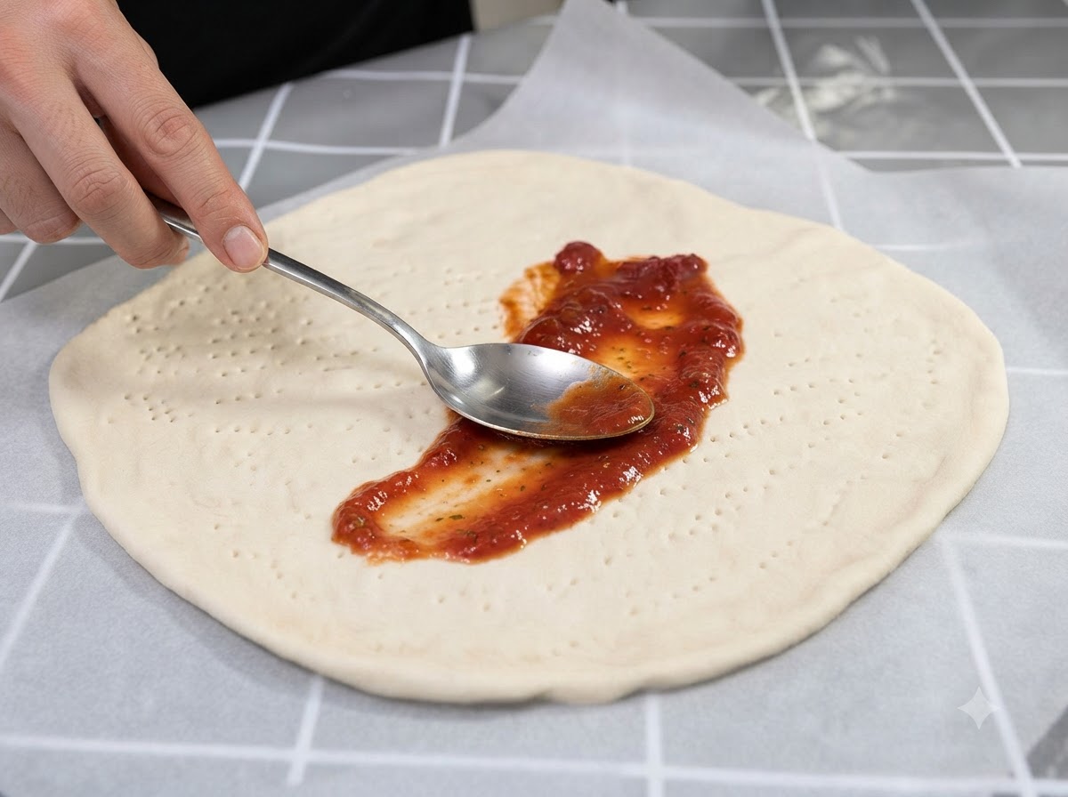 Ein Metalllöffel verteilt einen Klecks roter Tomatensoße über der Mitte eines blassen Pizzateigbodens.