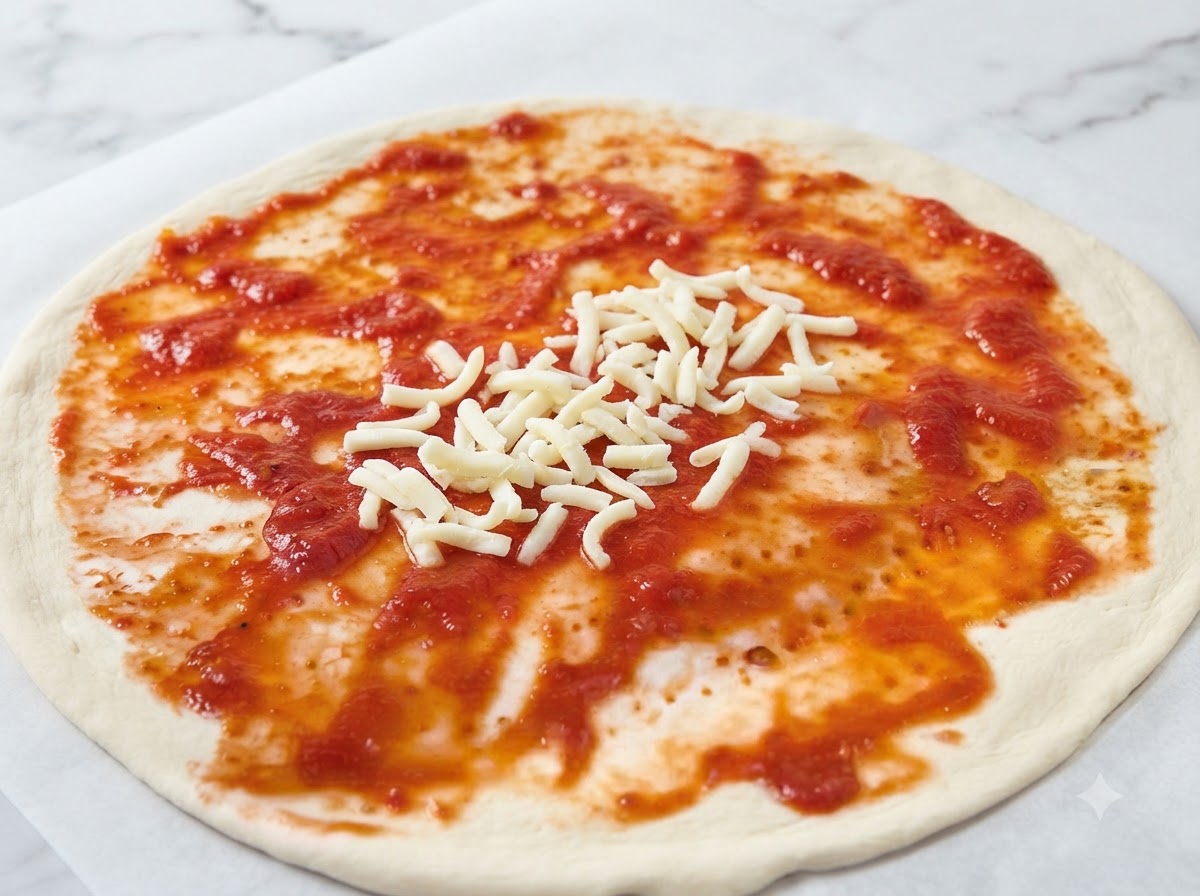 Eine Handvoll geriebener weißer Mozzarella-Käse wird über einen mit Tomatensoße versehenen Pizzaboden gestreut.