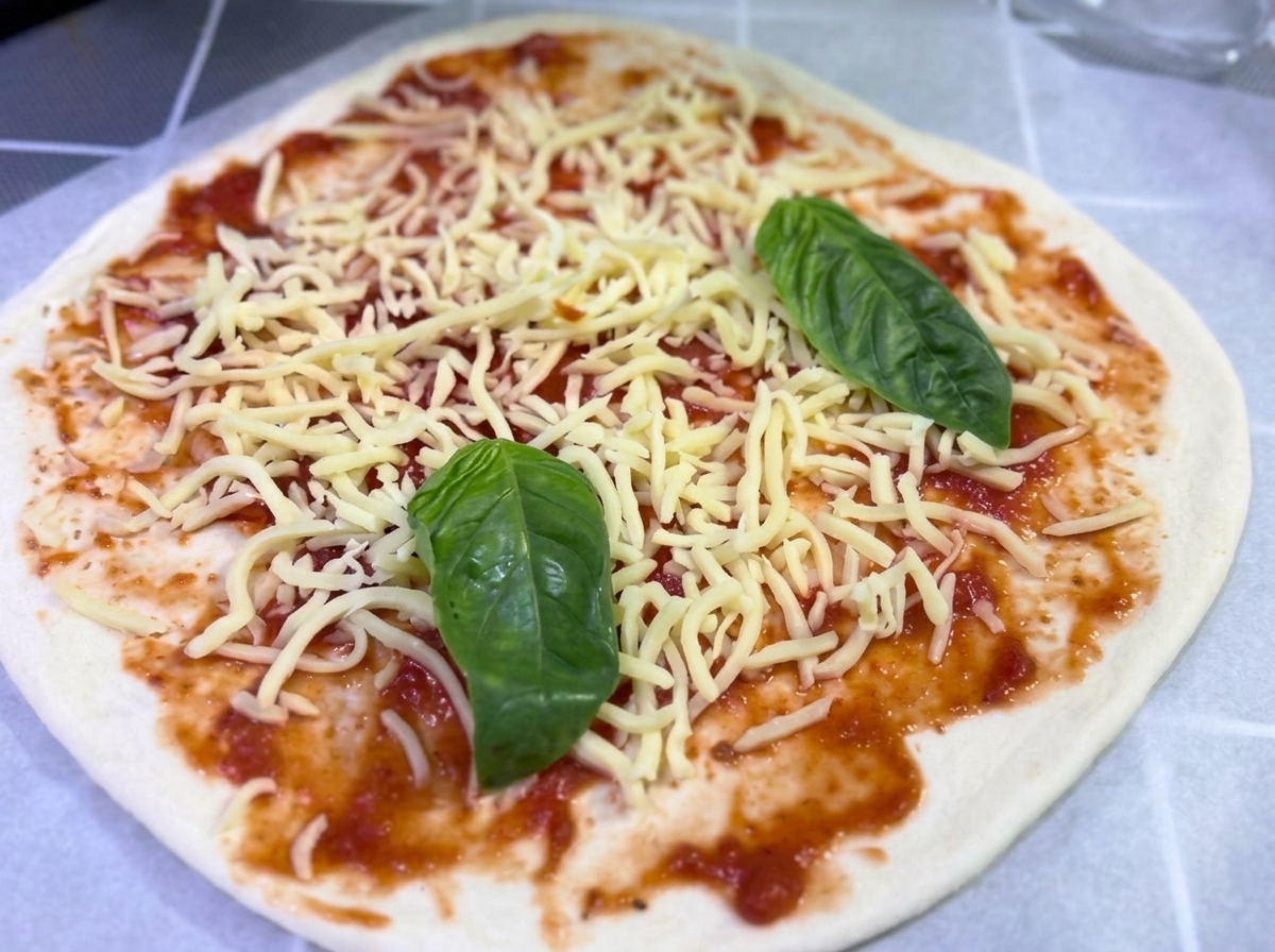 Mehrere leuchtend grüne, frische Basilikumblätter liegen auf dem mit Käse und Tomatensoße bedeckten Teig.