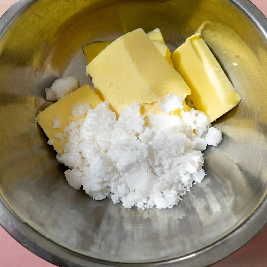 Butterwürfel und weißer Zucker zusammen in einer Edelstahlschüssel.