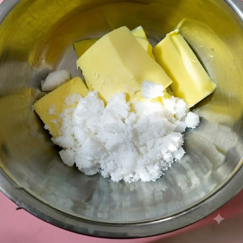 Ein Handrührgerät schlägt Butter und Zucker zu einer hellen, fluffigen hellgelben Creme.