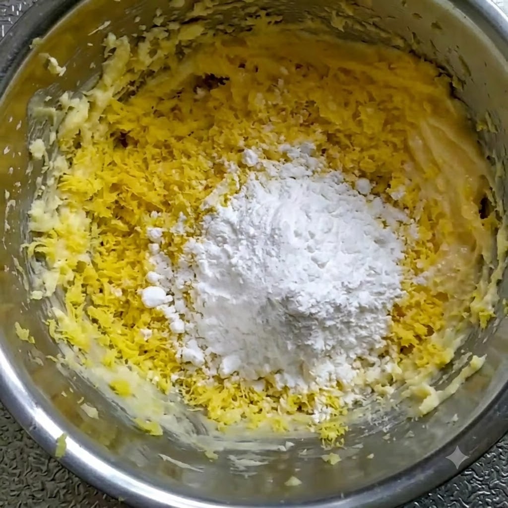 Ein Häufchen weiße Speisestärke und Mehl auf der gelben Butter-Eigelb-Mischung.