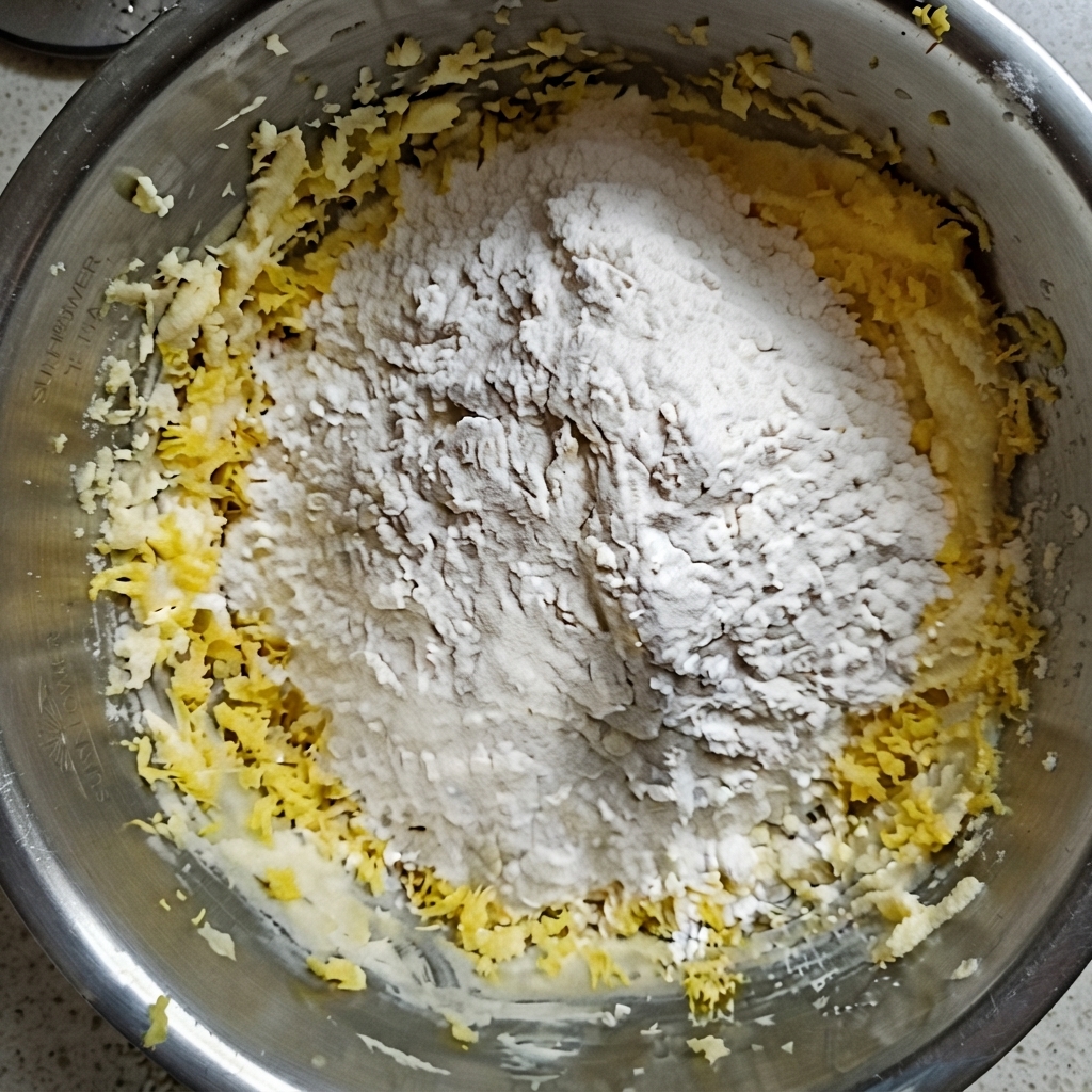 Trockenes Mehl und Speisestärke auf der Butter-Eigelb-Mischung in einer Metallschüssel vor dem Kneten.