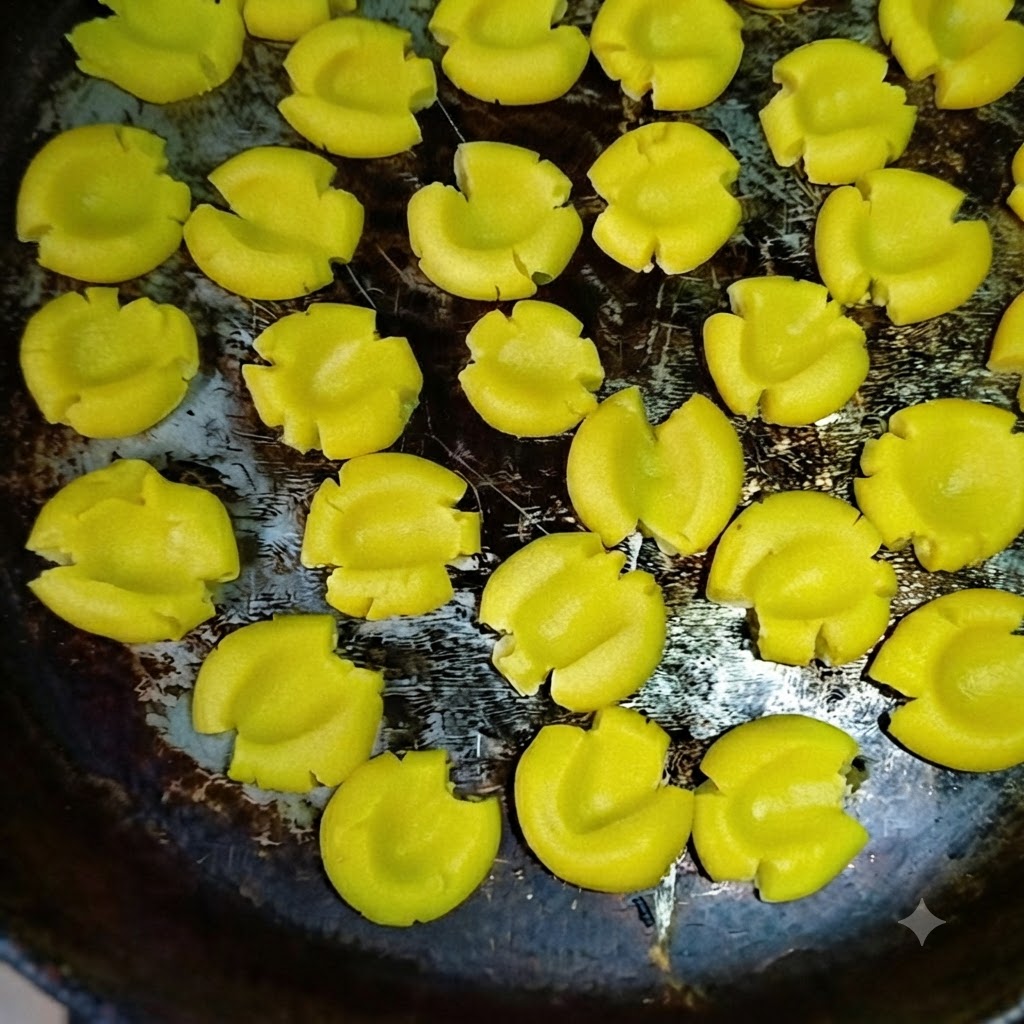 Geformte gelbe Teigstücke ordentlich in einer dunklen Antihaft-Pfanne bereit zum Backen.