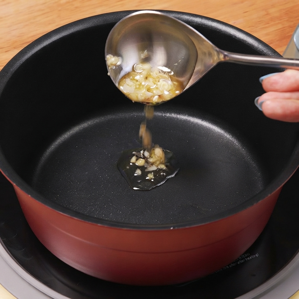 Helle Sojasauce wird in einen roten Kochtopf mit Knoblauchöl und Chilischoten gegossen.