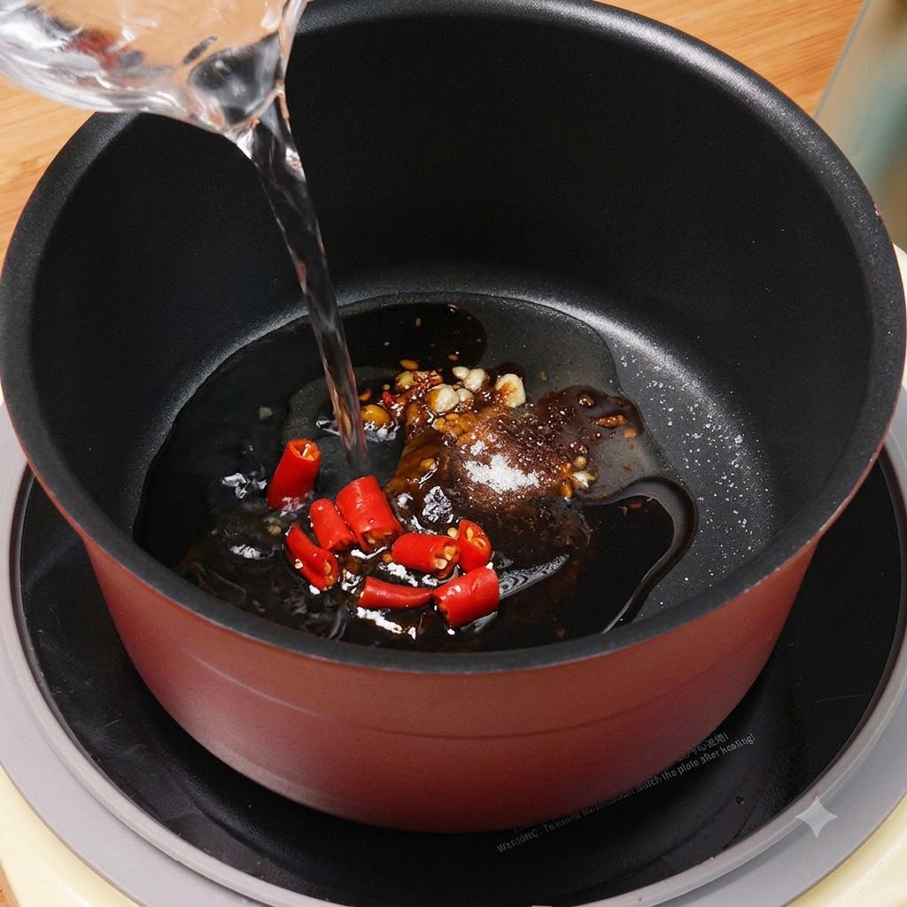 Klares Wasser wird aus einem Messbecher in den Topf mit den Saucenzutaten und roten Chilischoten gegossen.