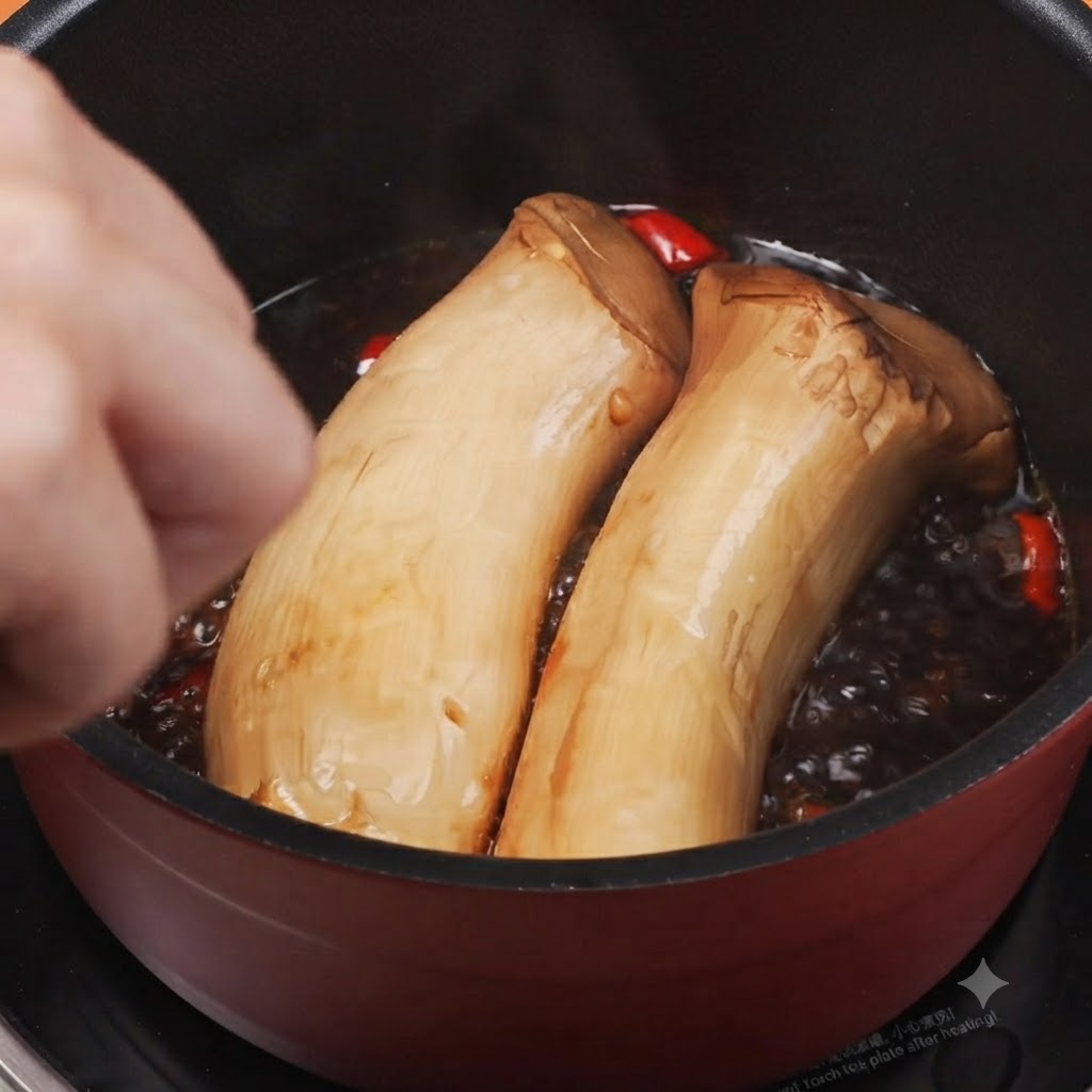 Eine Hand wendet die in der Sauce köchelnden Kräuterseitlinge vorsichtig mit einer Zange.