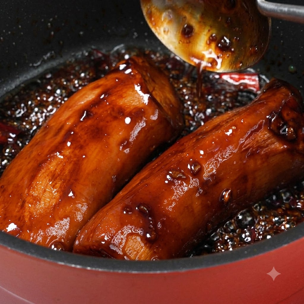Ganze Kräuterseitlinge schmoren in einer eindickenden dunklen Glasur in einem Topf und werden mit Sauce übergossen.