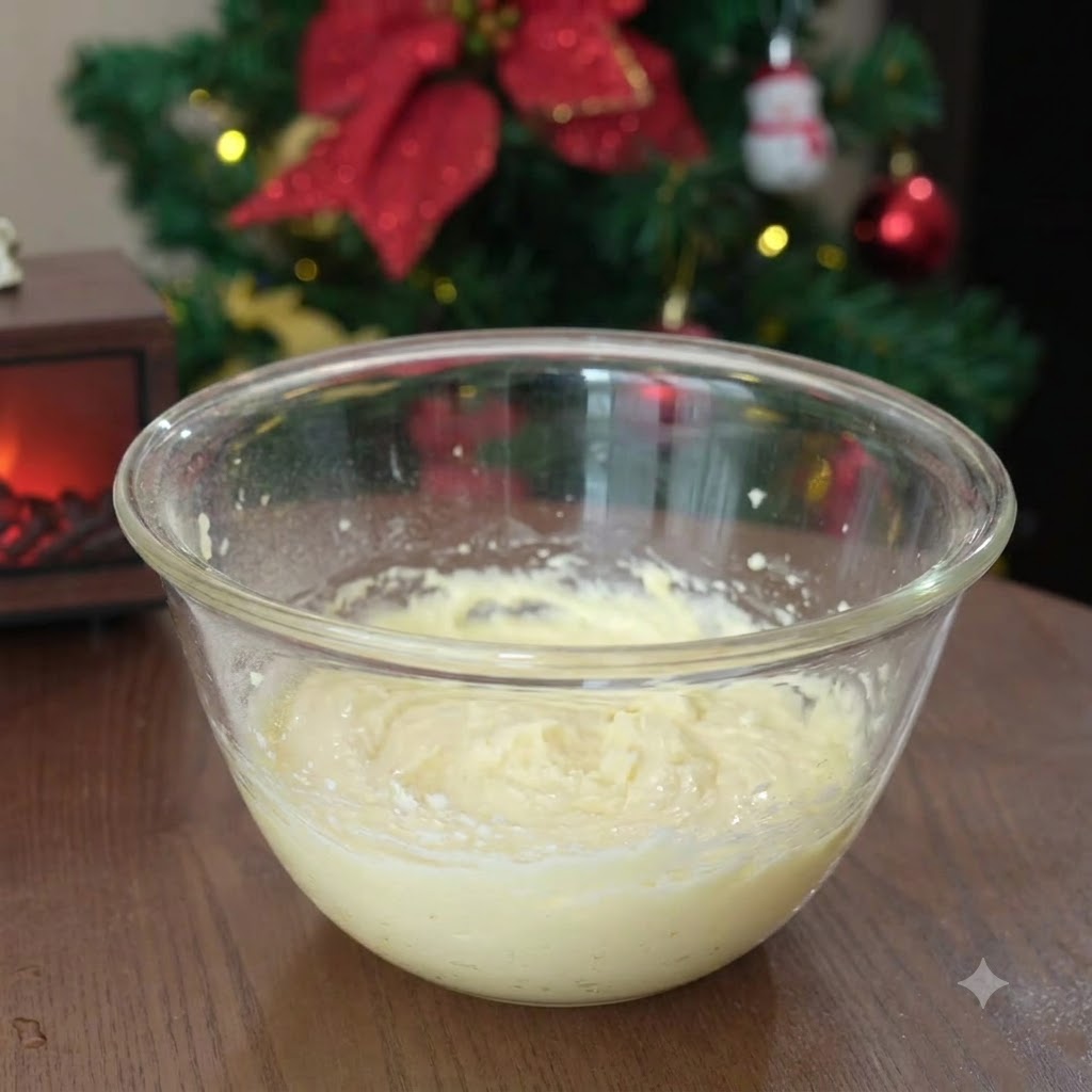 Eine Glasschüssel mit Butter und Puderzucker, die schaumig geschlagen wurden.