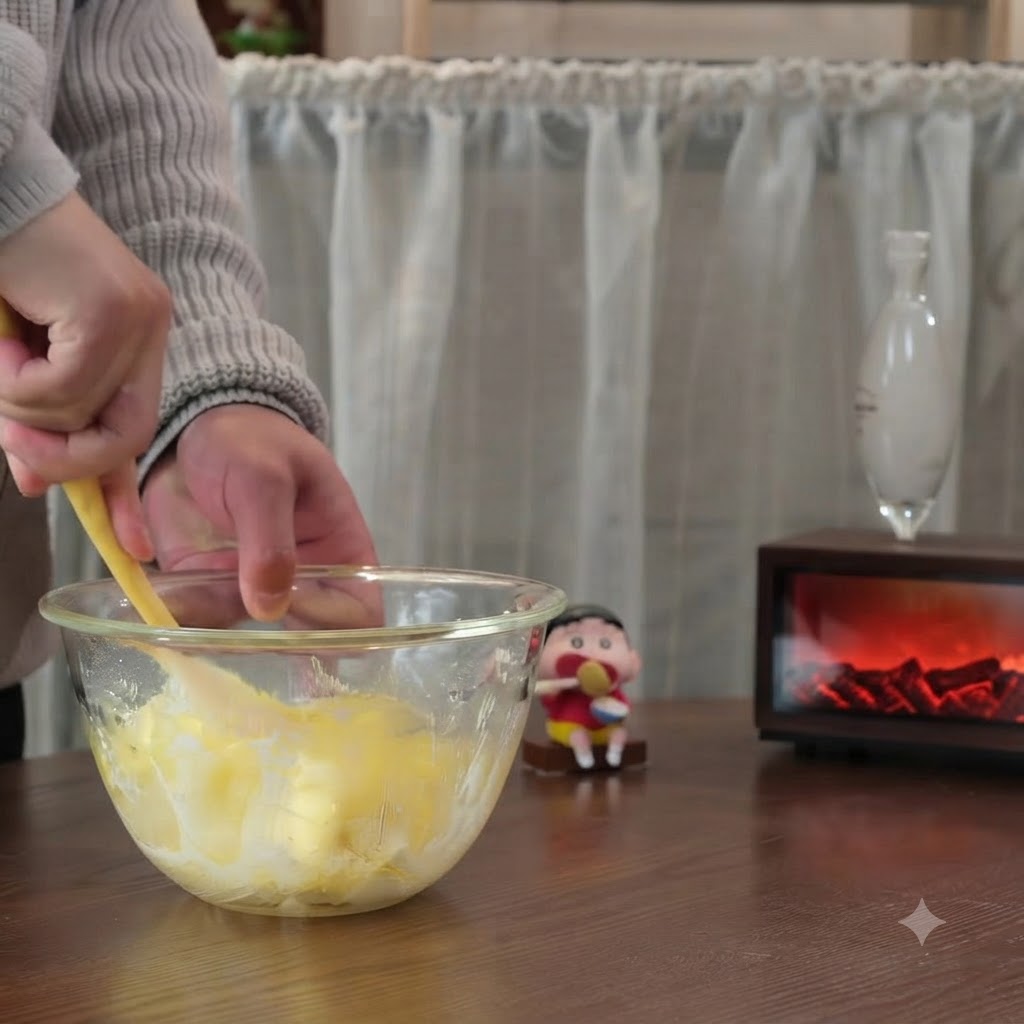 Passierte Eigelbe werden mit einem gelben Teigschaber in die Buttermasse eingearbeitet.