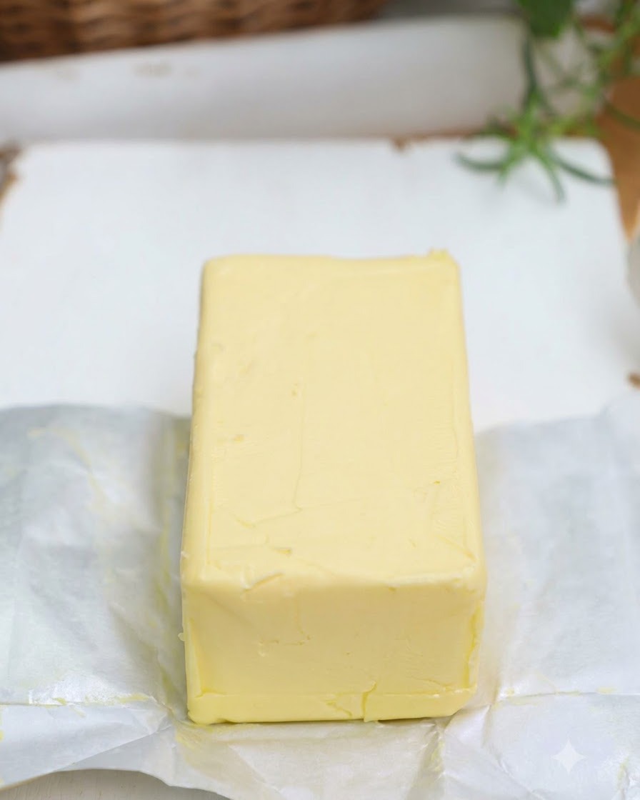 Ein Butterblock wird auf einer weißen Schneideunterlage in kleine, gleich große Würfel geschnitten.
