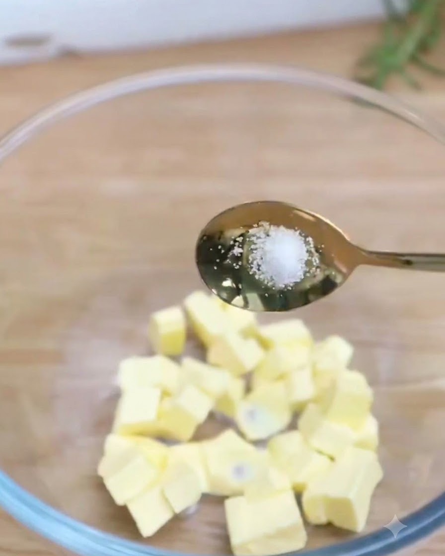 Eine Portion Salz und Puderzucker wird über weiche Butterwürfel in einer klaren Glas schüssel gegeben.