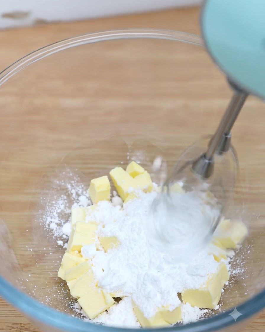 Ein Handrührgerät vermischt Butter, Salz und Puderzucker in einer Glasschüssel.
