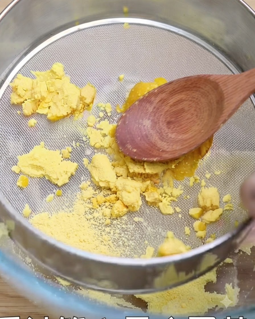 Gekochtes Eigelb wird mit einem Holzlöffel durch ein Drahtsieb in eine Schüssel gedrückt.