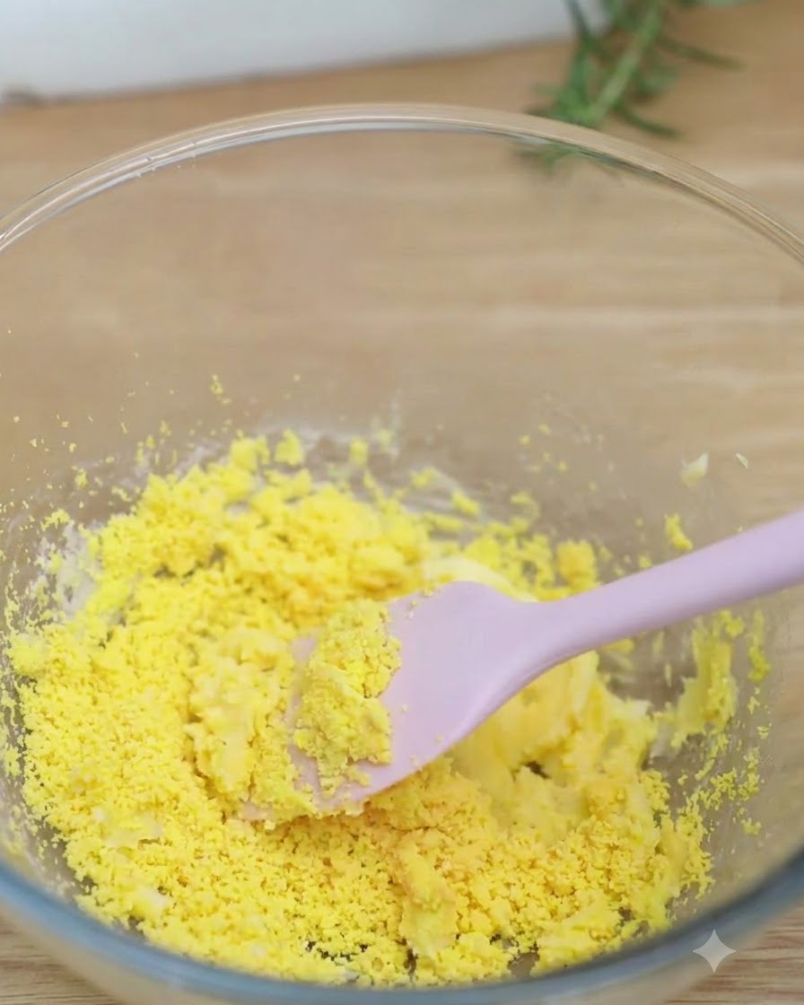 Ein pinker Spatel rührt gesiebtes, gekochtes Eigelb gründlich unter die cremige Buttermischung.