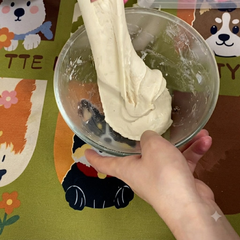 Ein Stück glatter, elastischer Teig mit hoher Hydration wird aus der Glasschüssel nach oben gezogen und gedehnt.