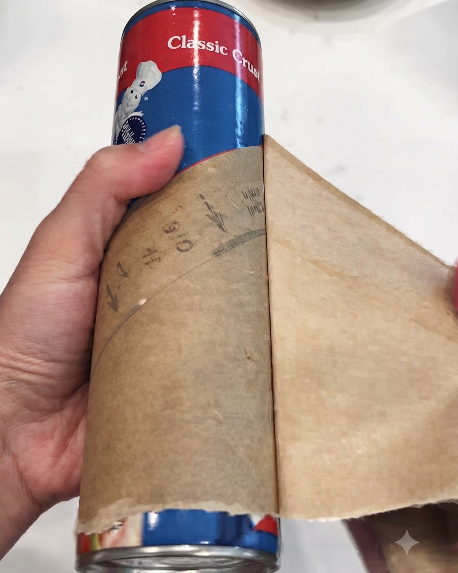 Eine Hand rollt Pizzateig aus der Pappverpackung auf Backpapier aus.