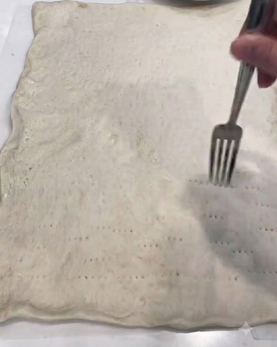 Eine Hand sticht mit einer Gabel zahlreiche kleine Löcher in die Oberfläche des ausgerollten Pizzateigs.