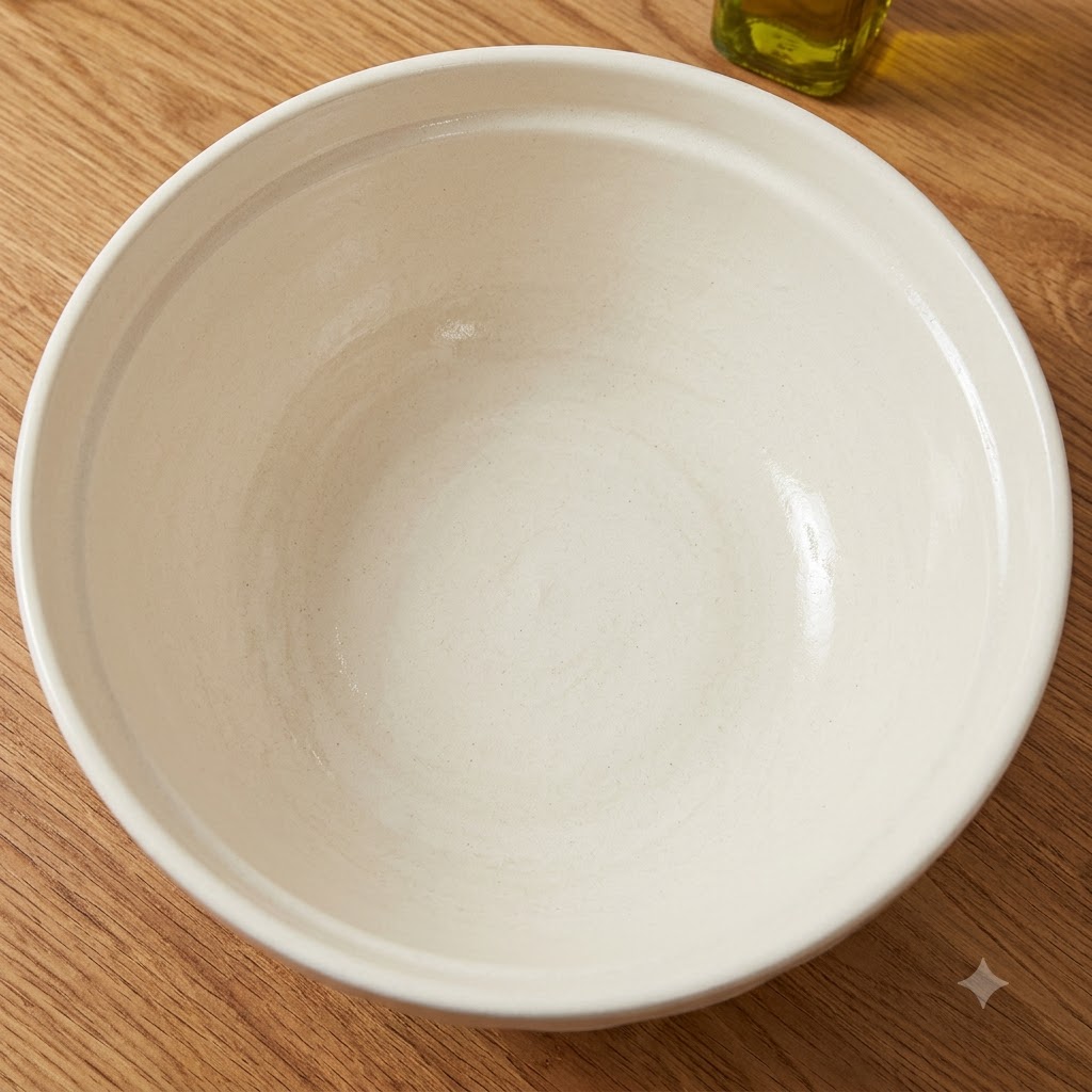 Warmes Wasser, Hefe, Olivenöl und Mehl in einer weißen Rührschüssel.