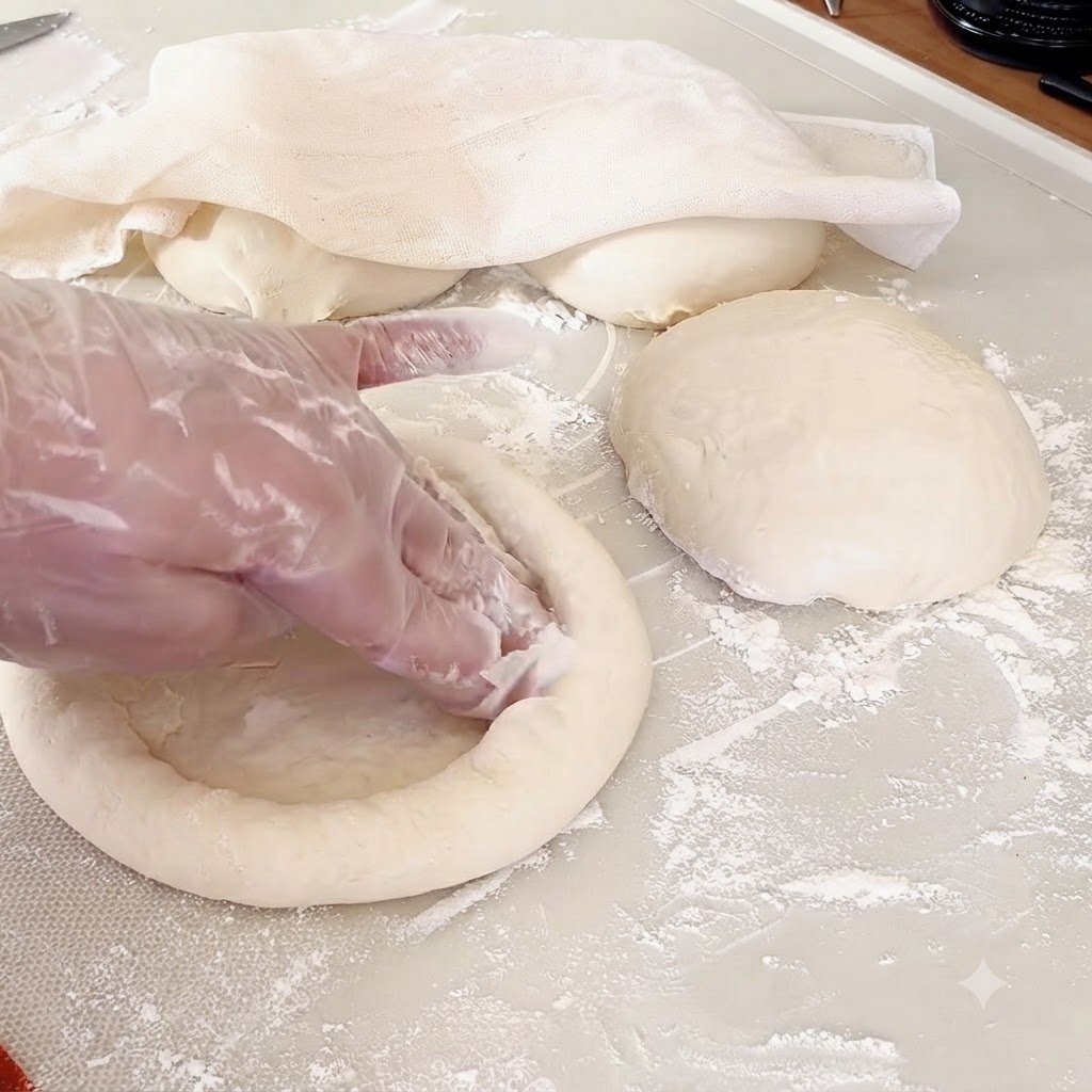 Hände mit Handschuhen drücken auf einer bemehlten Fläche die Mitte einer runden Teigportion flach.