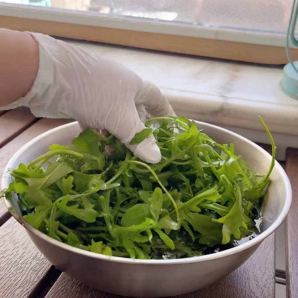 Frische Rucolablätter, die in einer Schüssel mit Wasser eingetaucht sind und von einer behandschuhten Hand gewaschen werden.