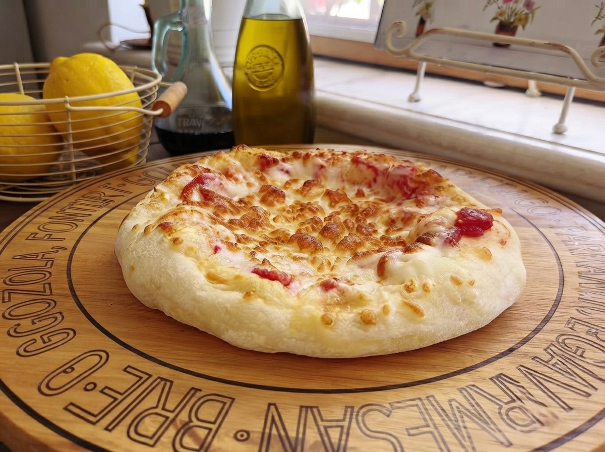 Frische grüne Rucolablätter werden auf einem warm gebackenen Pizzaboden verteilt.
