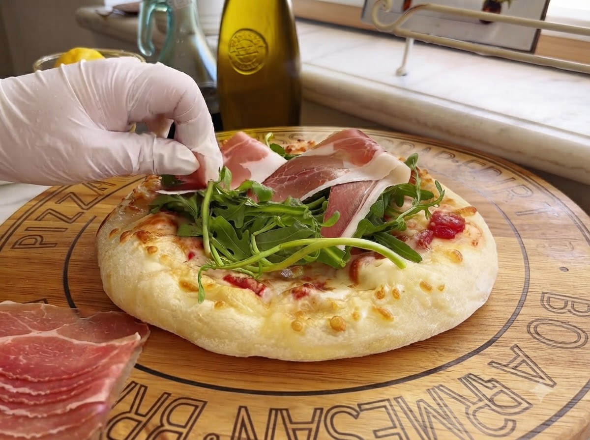 Scheiben von gepökeltem Parmaschinken werden behutsam von Hand auf eine mit Rucola belegte Pizza gelegt.