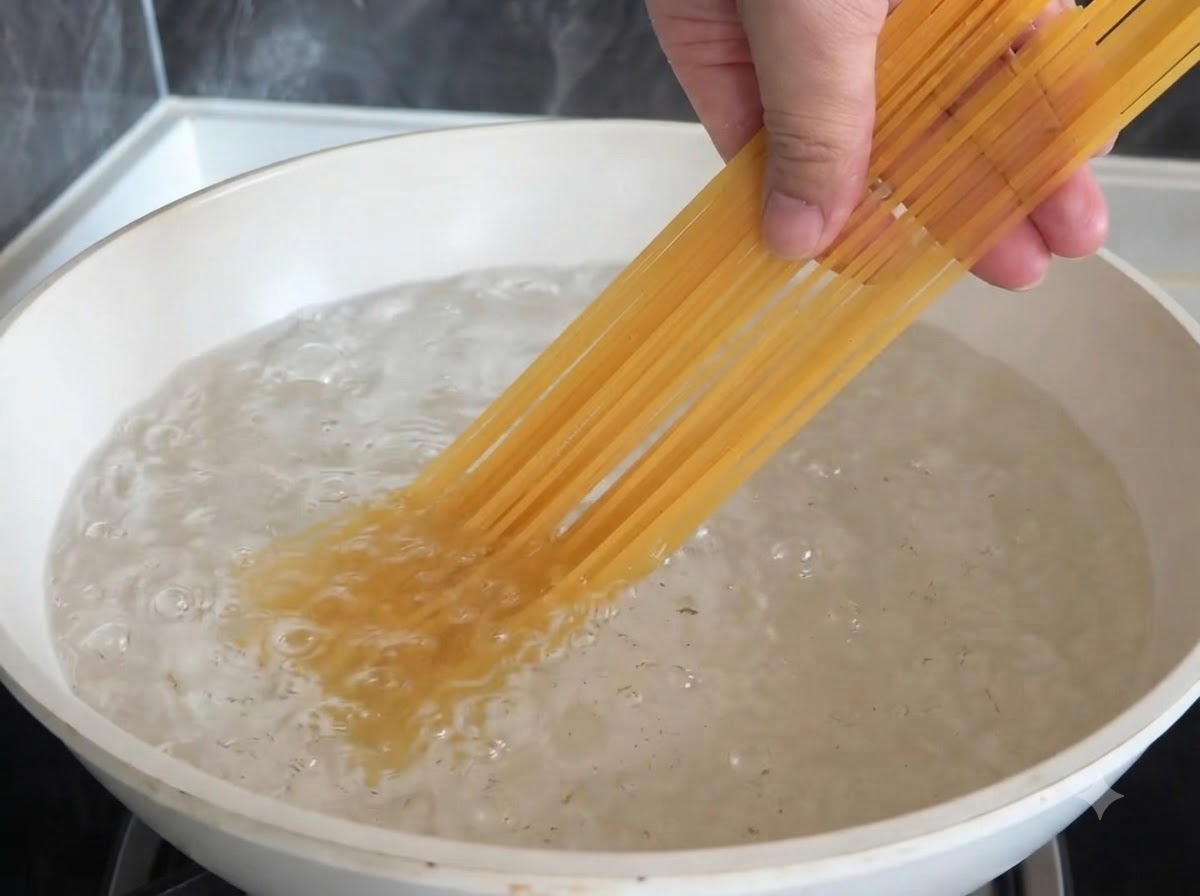 Eine Hand gibt lange, trockene Spaghetti-Stränge in einen weißen Topf mit sprudelnd kochendem Wasser.