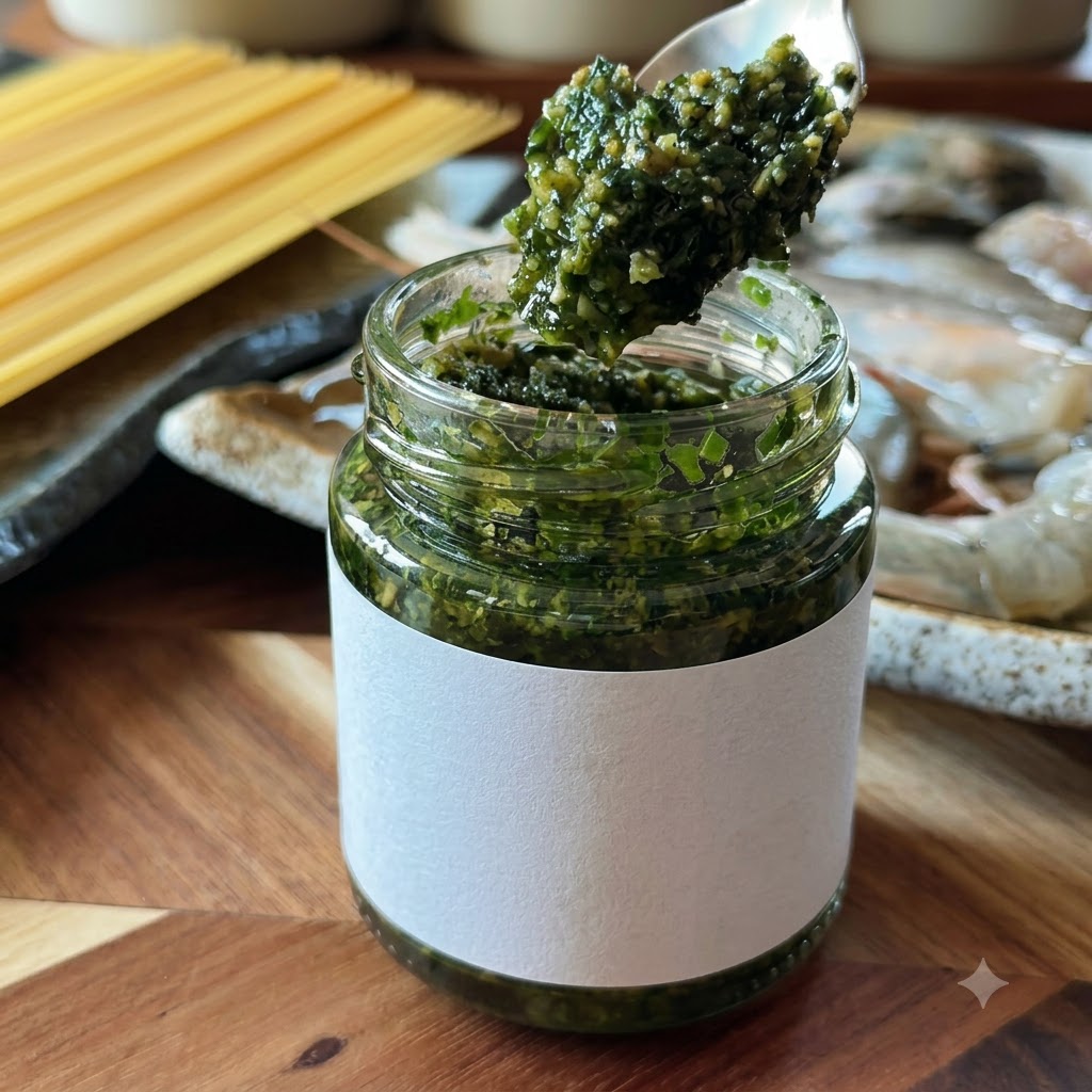 Ein Metalllöffel hebt einen Klecks dickes, leuchtend grünes Basilikum-Pesto aus einem kleinen Glas.