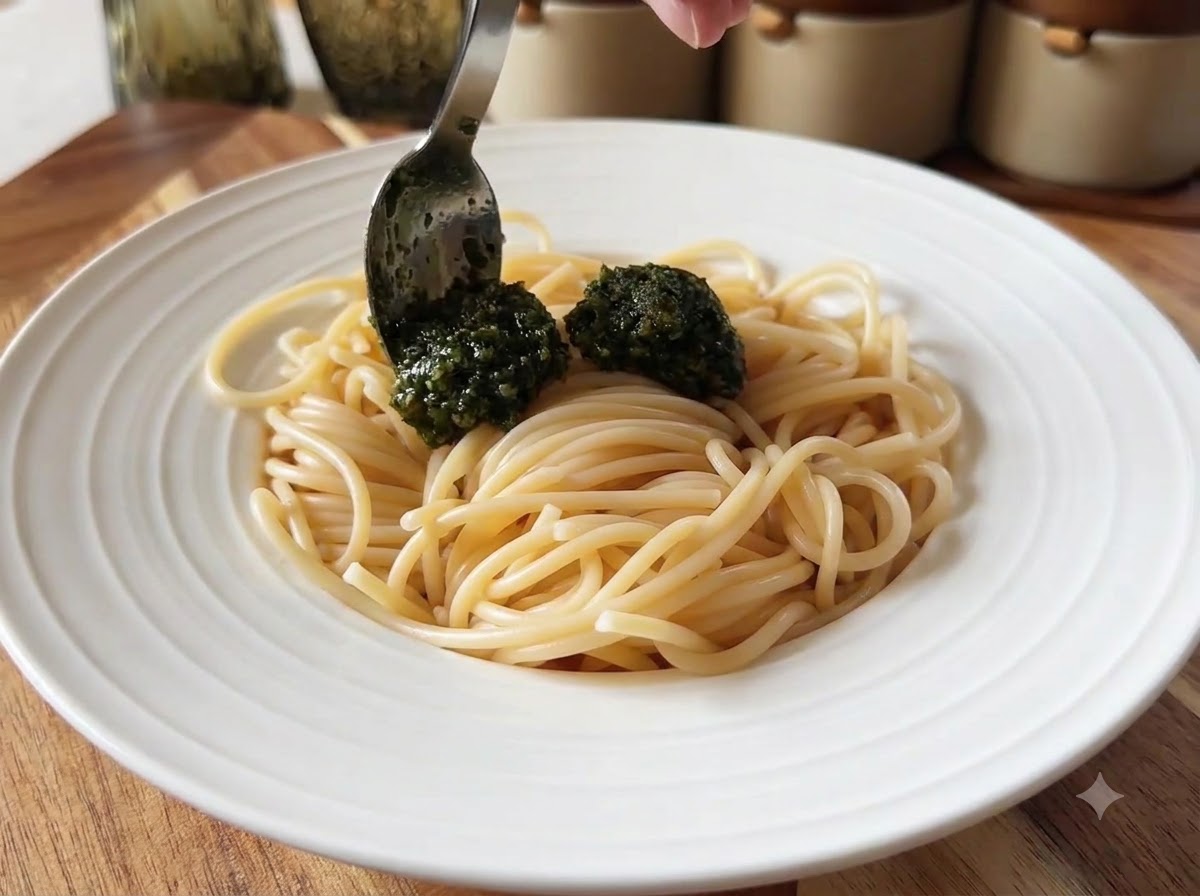 Ein Löffel gibt leuchtend grünes Basilikum-Pesto auf frisch gekochte Spaghetti in einer weißen Schüssel.