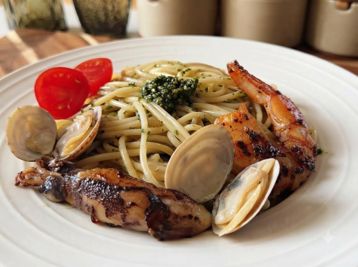 Fertige Basilikum-Pesto-Spaghetti getoppt mit angebratenen Garnelen, Muscheln, Tintenfisch und Kirschtomaten in einer weißen Schüssel.