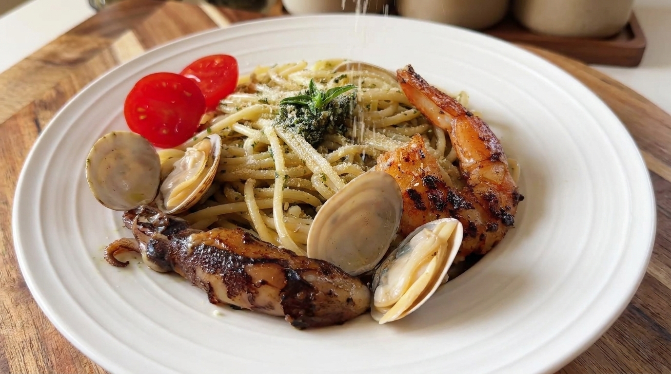 Eine wunderschön angerichtete Portion Basilikum-Pesto-Spaghetti, getoppt mit goldbraun angebratenen Garnelen, Tintenfisch, Muscheln und Kirschtomaten.