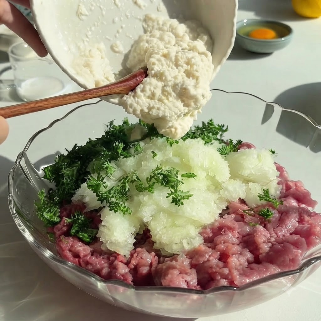 Eine weiße Schale gießt eine dicke Milch-Semmelbrösel-Mischung auf das gewürzte Hackfleisch und die Kräuter.