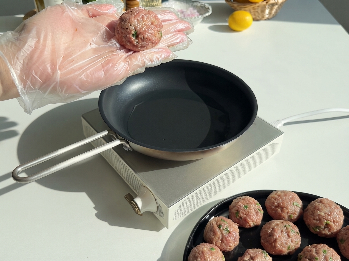 Eine be Handschuhe tragende Hand hält ein frisch gerolltes, rohes Fleischbällchen über einer leeren, geölten Pfanne.