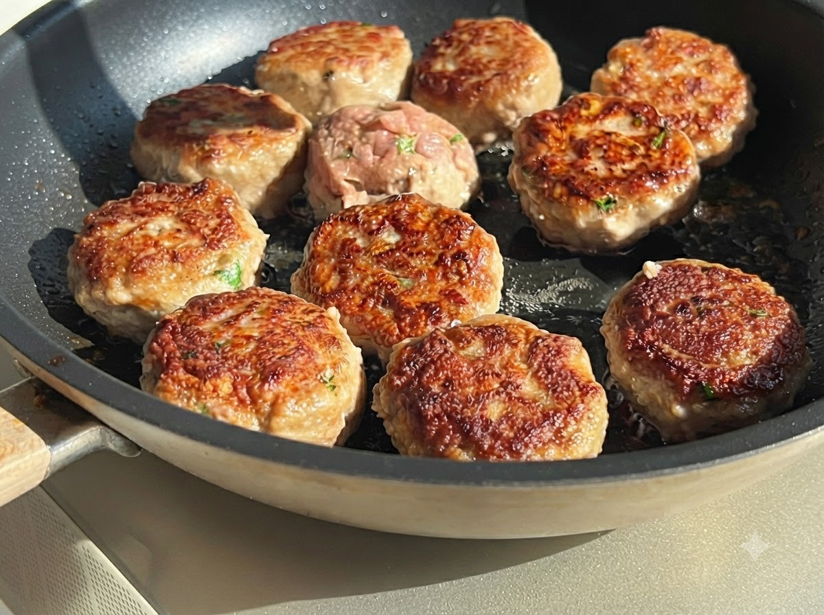 Fleischbällchen braten in einer Pfanne, einige sind gewendet und zeigen eine goldbraune und knusprige Kruste.