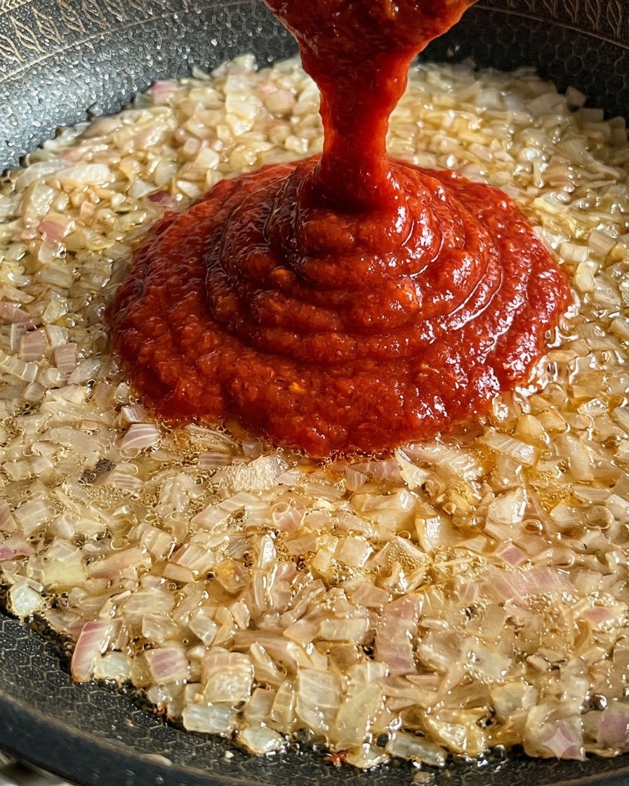 Dicke rote Tomatensauce wird aus einem Behälter in eine brutzelnde Pfanne mit angebratenen Zwiebeln gegossen.
