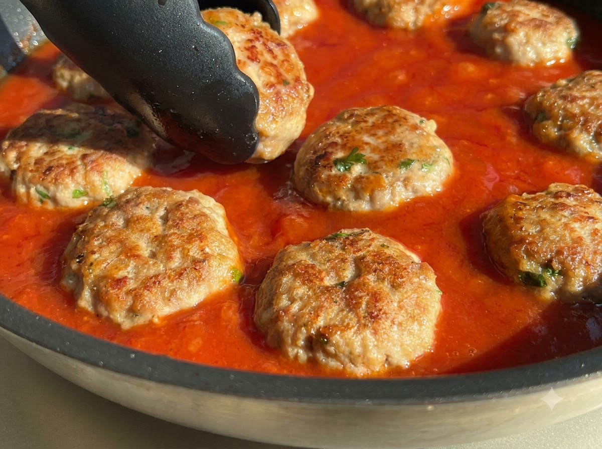 Eine Zange platziert goldbraune Fleischbällchen nacheinander in eine Pfanne mit leuchtend roter Tomatensauce.