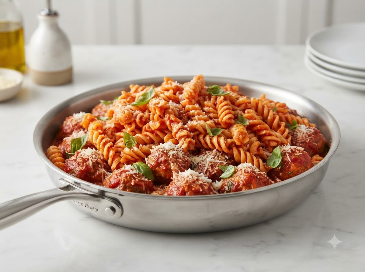 Gekochte Spiral-Fusilli-Pasta liegt in einer großen Pfanne auf Fleischbällchen und Tomatensauce bereit zum Mischen.
