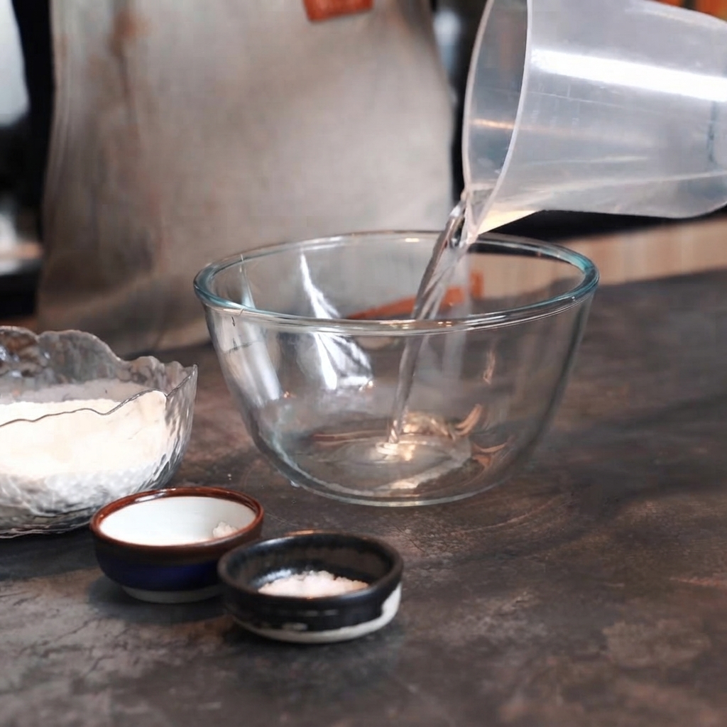Wasser wird aus einem Messbecher in eine leere Glasschüssel auf einer dunklen Arbeitsplatte gegossen.