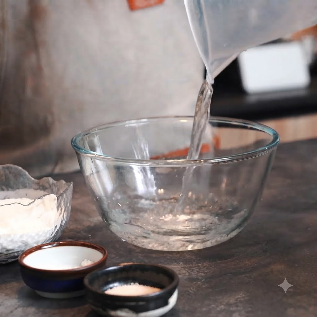 Salzkristalle werden aus einem kleinen Schälchen in eine mit Wasser gefüllte Glasschüssel gegossen.