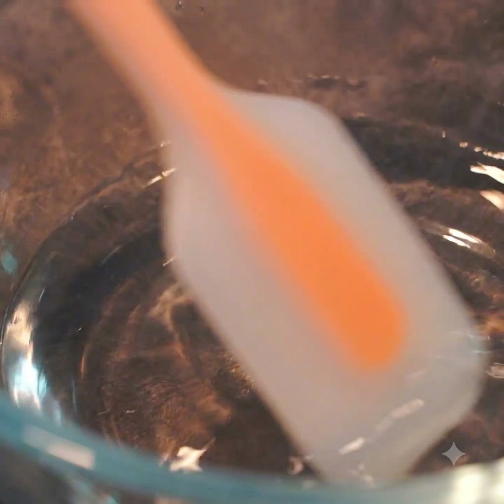 Wasser und Salz werden in einer durchsichtigen Glasschüssel mit einem Silikonspatel vermischt.