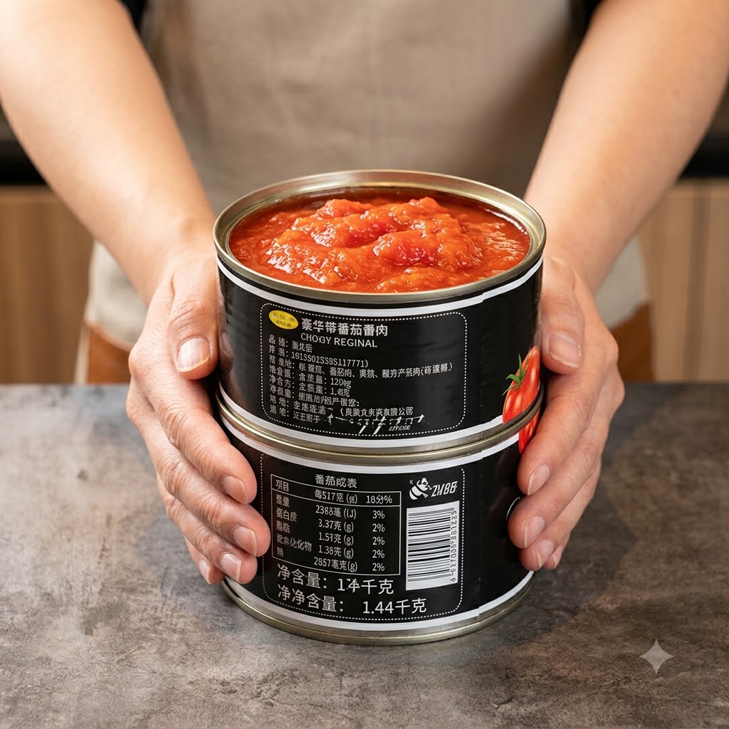 Zwei gestapelte Konservendosen mit ganzen, geschälten Tomaten in den Händen einer Person.