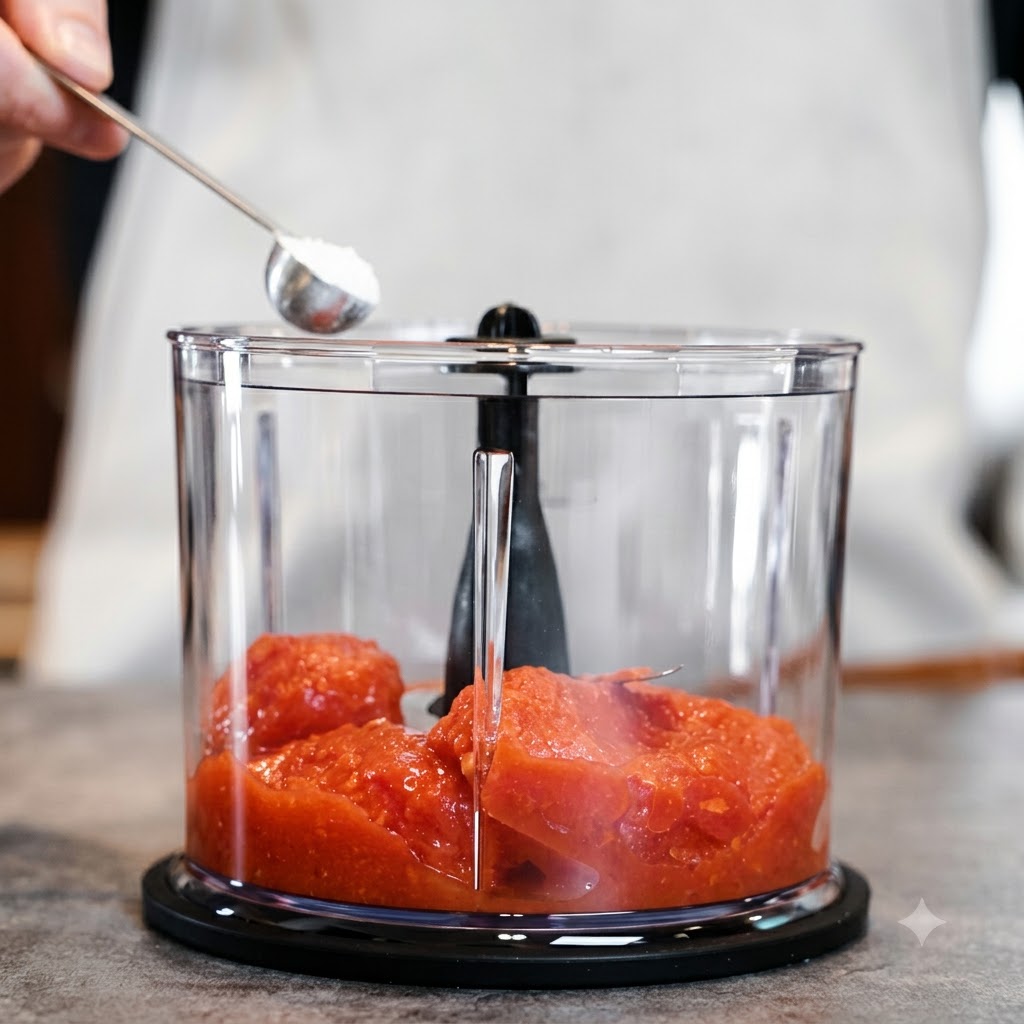 Ein Löffel Zucker wird in einen Mixbehälter mit geschälten Tomaten gegeben.